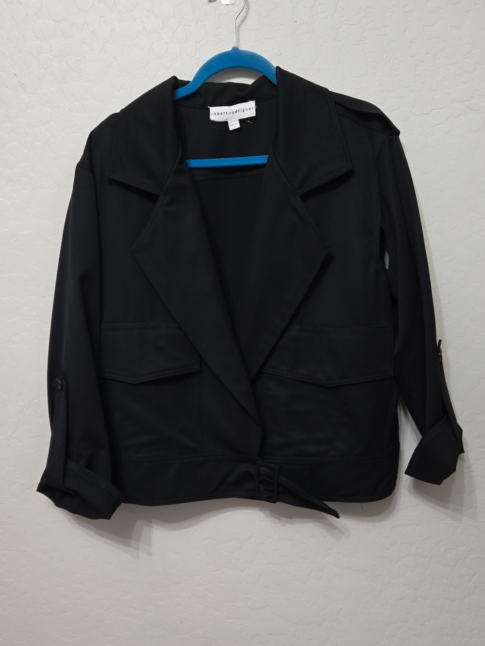 Robert Rodriguez Black Open Cut Arm Holes Belted Wool Blazer Jacket Size Large